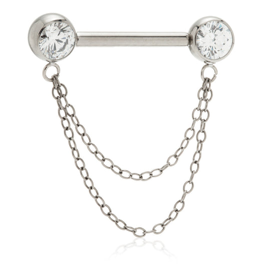 Titanium Threadless Jewelled Disc Double Chain Nipple Bar – 1.6mm
