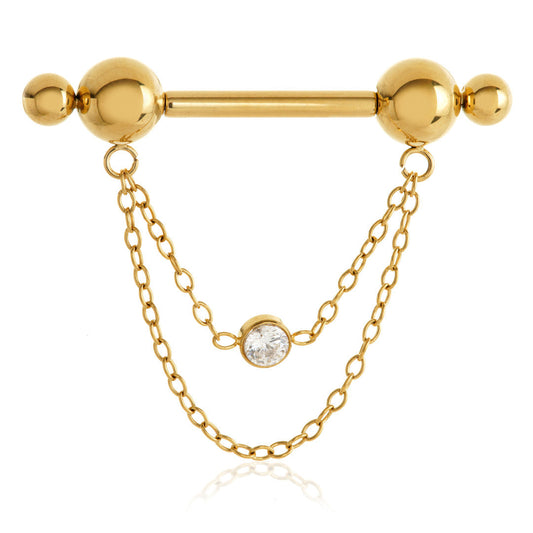 Gold Titanium Threadless Jewelled Chain Nipple Bar – 1.6mm