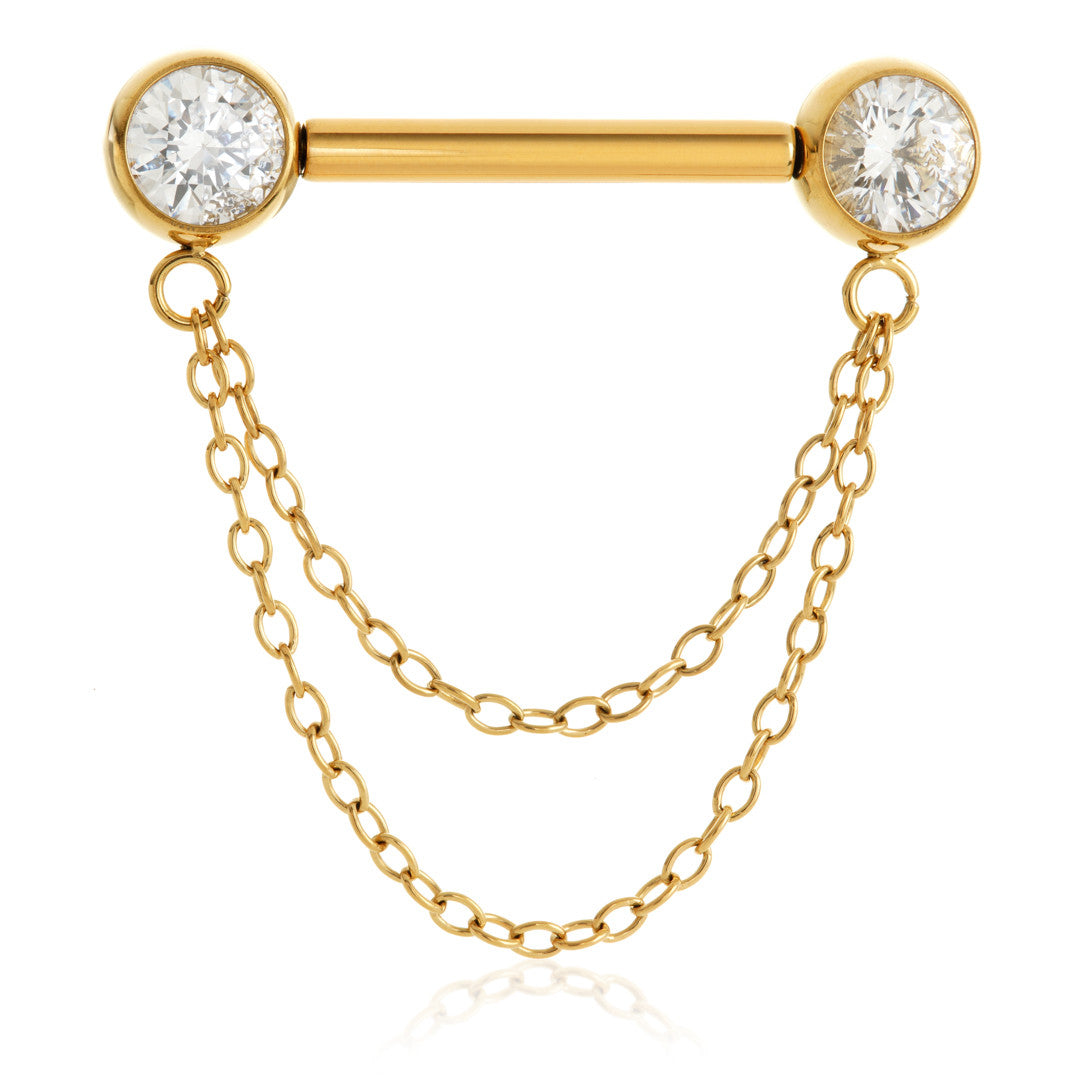 Gold Titanium Threadless Jewelled Disc Double Chain Nipple Bar – 1.6mm