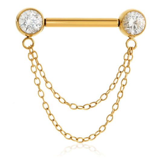 Gold Titanium Threadless Jewelled Disc Double Chain Nipple Bar – 1.6mm