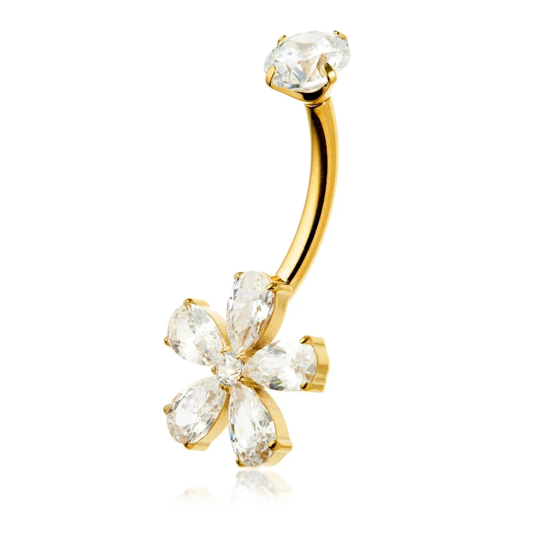 Gold Titanium Jewelled Flower Navel Bar – 1.6mm