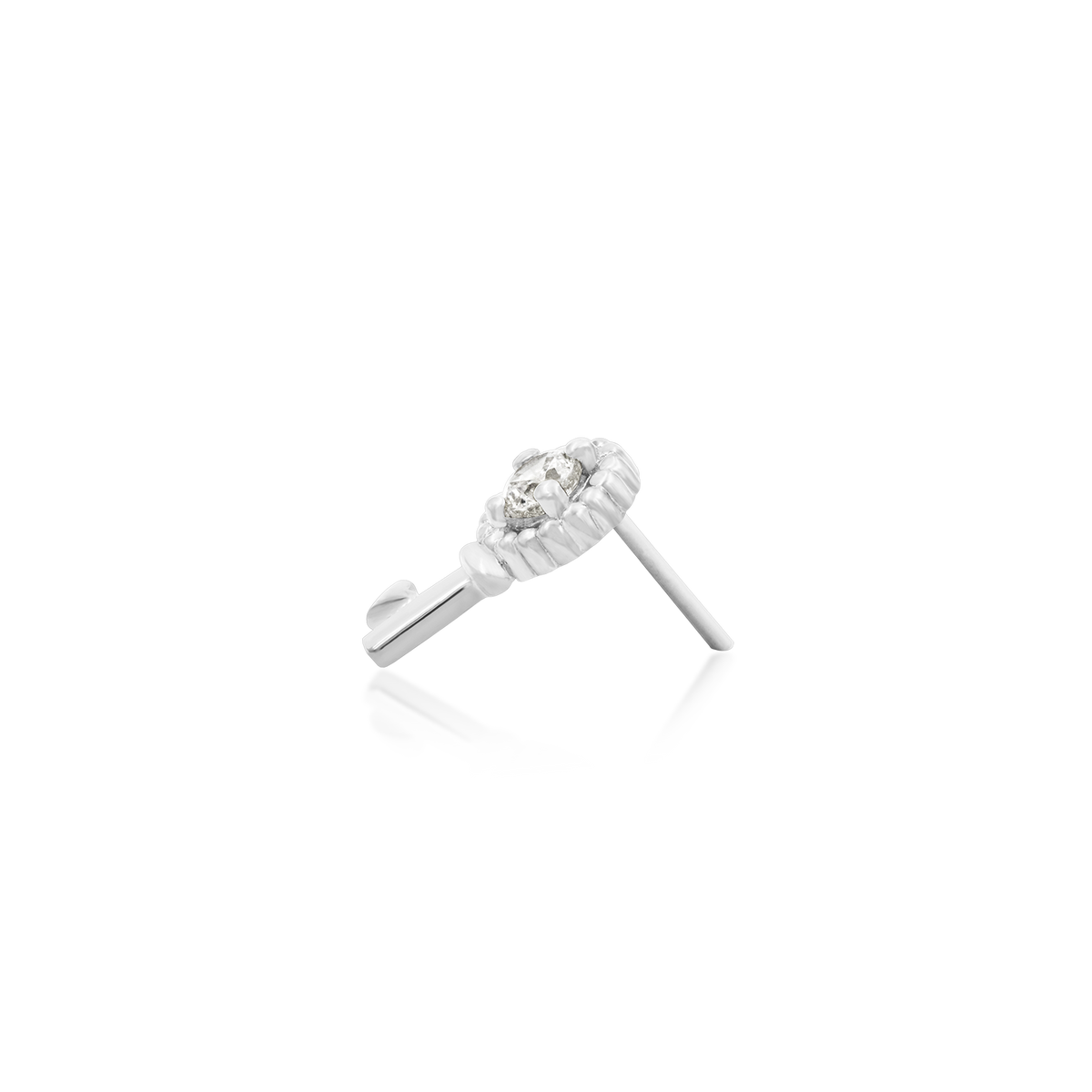 14ct white gold threadless Gold Key with Heart end, Loughborough Origins Body Art